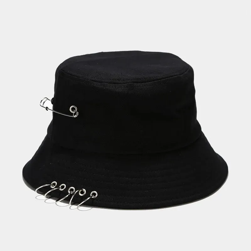 Punk Spiked Rivet Bucket Cap with Metal Rings Panama Streetwear Cap