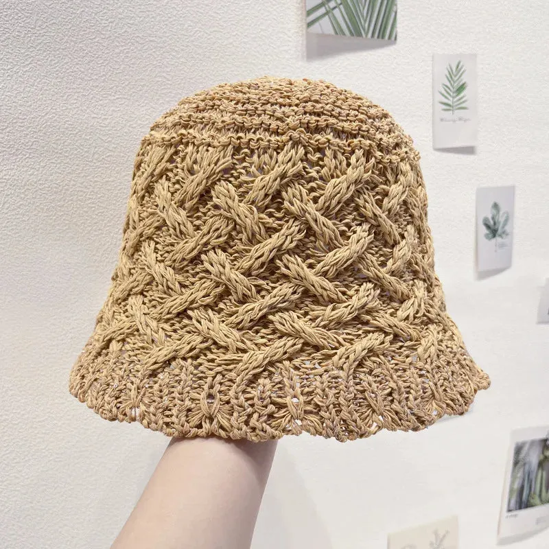 Sohiwoo Hollow Straw Weave Bucket Hats For Women Spring Summer Travel Sunshade Hat Fishermen Cap For Lady Panama Outdoor Basin Cap Gorro
