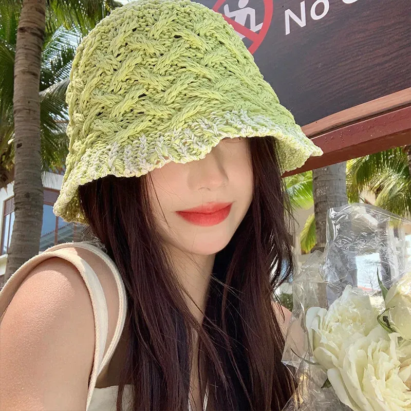 Sohiwoo Hollow Straw Weave Bucket Hats For Women Spring Summer Travel Sunshade Hat Fishermen Cap For Lady Panama Outdoor Basin Cap Gorro