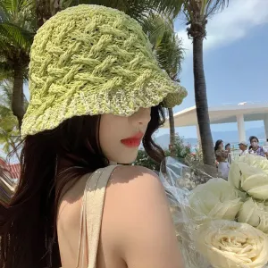 Sohiwoo Hollow Straw Weave Bucket Hats For Women Spring Summer Travel Sunshade Hat Fishermen Cap For Lady Panama Outdoor Basin Cap Gorro