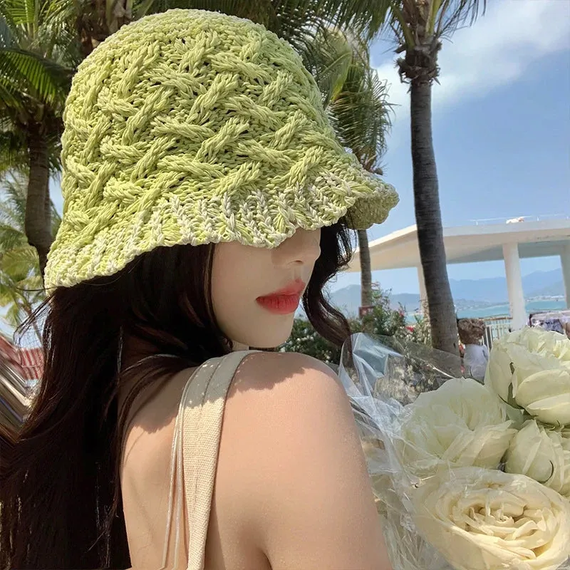 Sohiwoo Hollow Straw Weave Bucket Hats For Women Spring Summer Travel Sunshade Hat Fishermen Cap For Lady Panama Outdoor Basin Cap Gorro