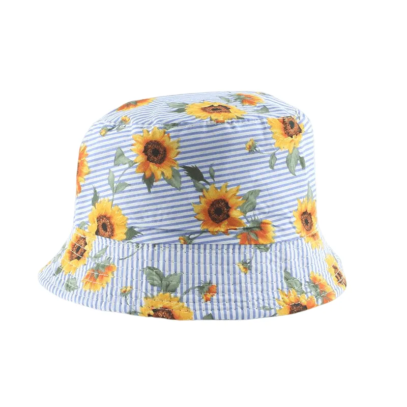 Sunflowers Striped Cotton Bucket Hat