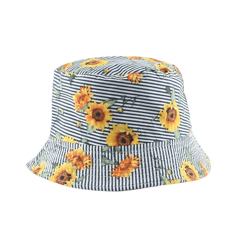 Sunflowers Striped Cotton Bucket Hat