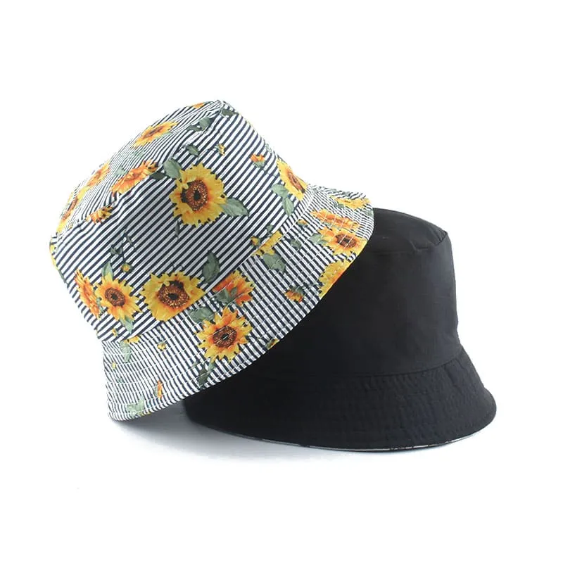 Sunflowers Striped Cotton Bucket Hat