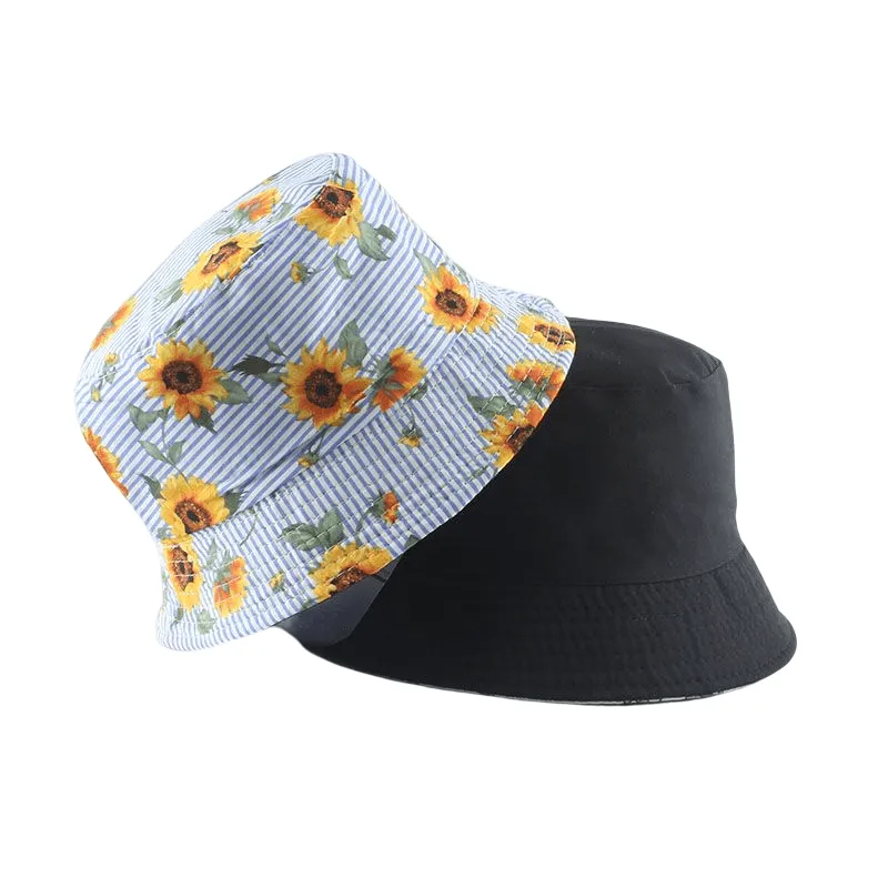 Sunflowers Striped Cotton Bucket Hat