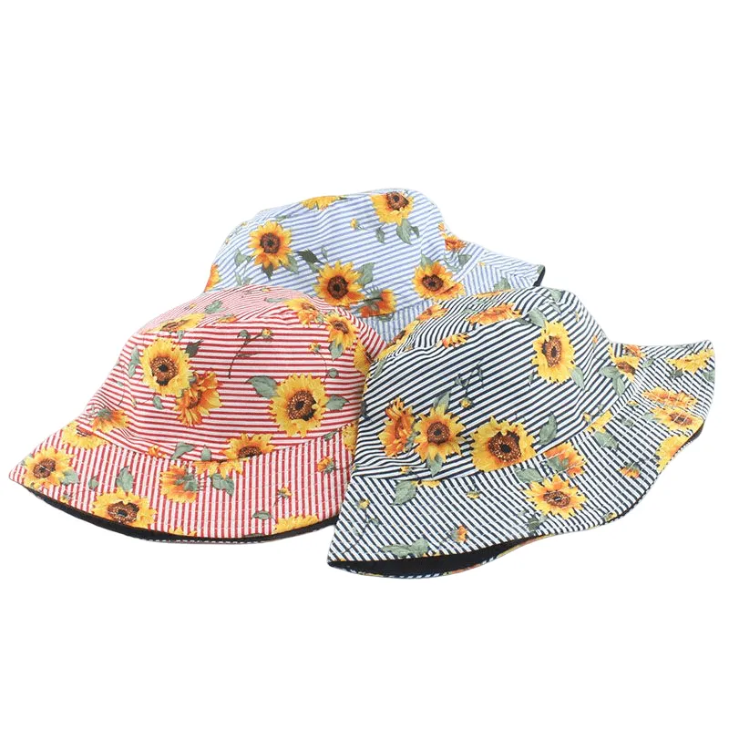 Sunflowers Striped Cotton Bucket Hat