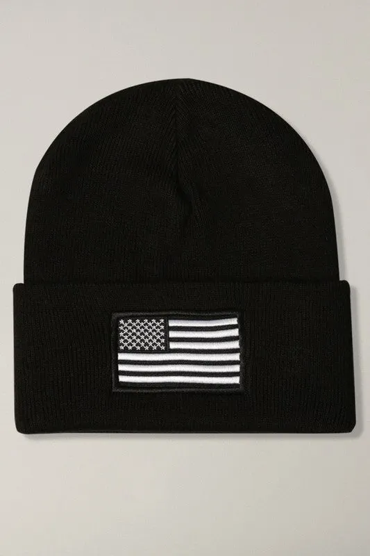 USA Flag Embroidery Patch Foldable Cuff Beanie Hat