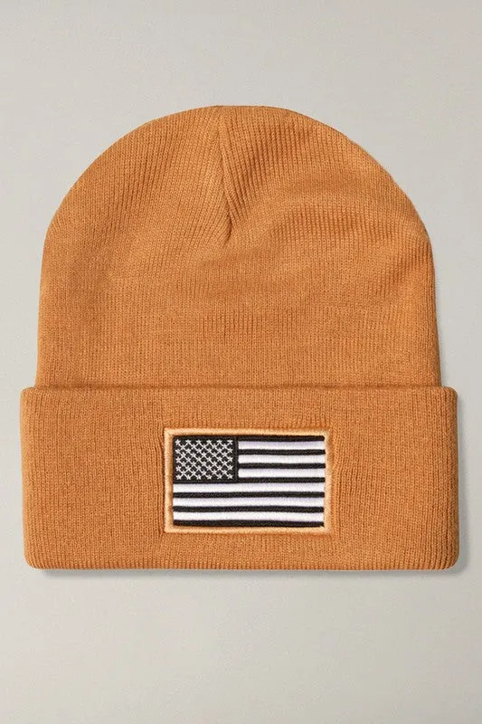 USA Flag Embroidery Patch Foldable Cuff Beanie Hat