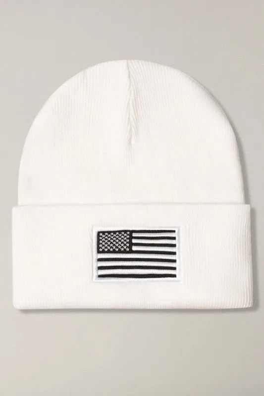 USA Flag Embroidery Patch Foldable Cuff Beanie Hat