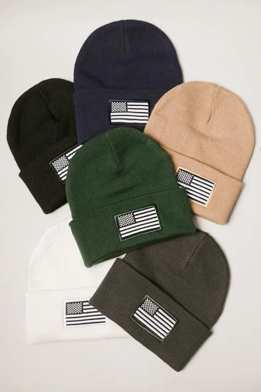 USA Flag Embroidery Patch Foldable Cuff Beanie Hat