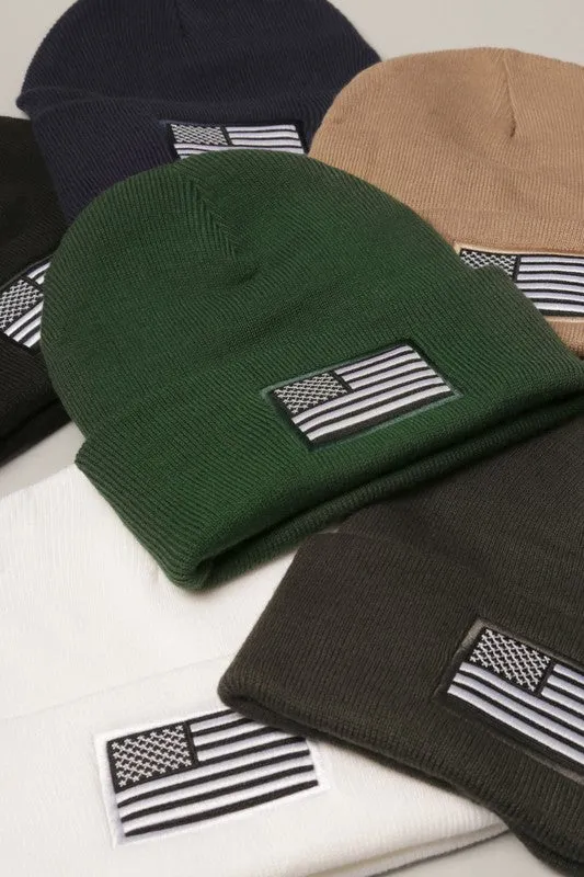 USA Flag Embroidery Patch Foldable Cuff Beanie Hat