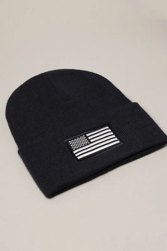 USA Flag Embroidery Patch Foldable Cuff Beanie Hat