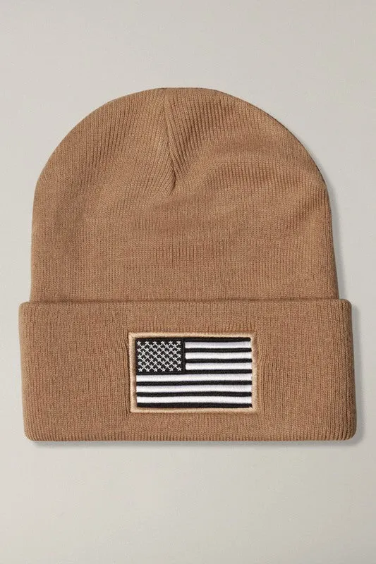 USA Flag Embroidery Patch Foldable Cuff Beanie Hat