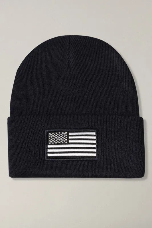 USA Flag Embroidery Patch Foldable Cuff Beanie Hat