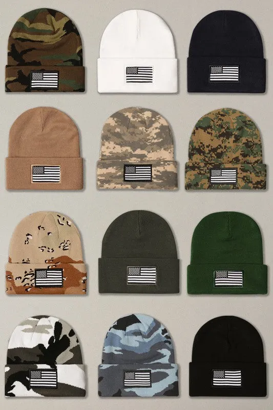USA Flag Embroidery Patch Foldable Cuff Beanie Hat